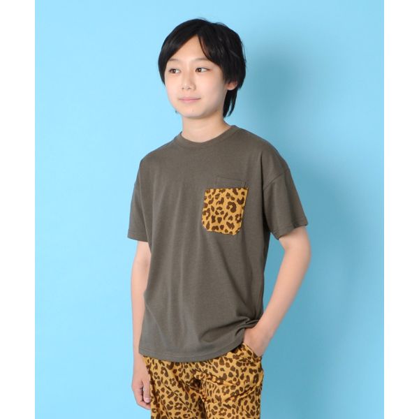 【大人向けサイズあり】天竺・ドロップショルダー総柄Wポケット半袖Tシャツ【セットアップ対応】
