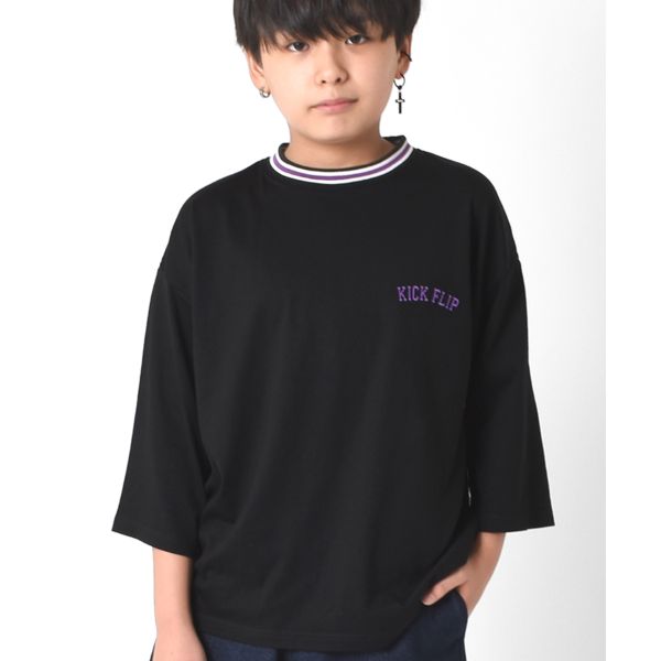 天竺・ビッグシルエットラインリブ7分袖Tシャツ