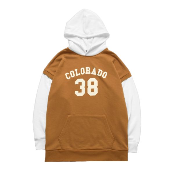 【大人向けサイズあり】前ロゴプリント・ベストレイヤード風ビッグパーカー