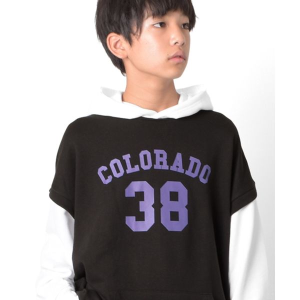 【大人向けサイズあり】前ロゴプリント・ベストレイヤード風ビッグパーカー