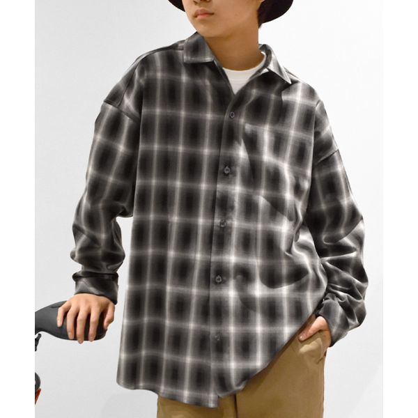 【大人向けサイズあり】オンブレーチェックビッグ長袖シャツ