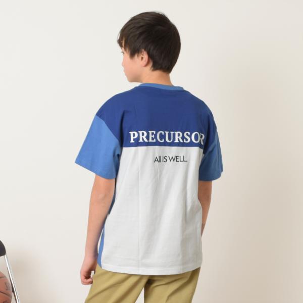 【大人向けサイズあり】カラーブロック切り替えロゴプリント半袖Tシャツ