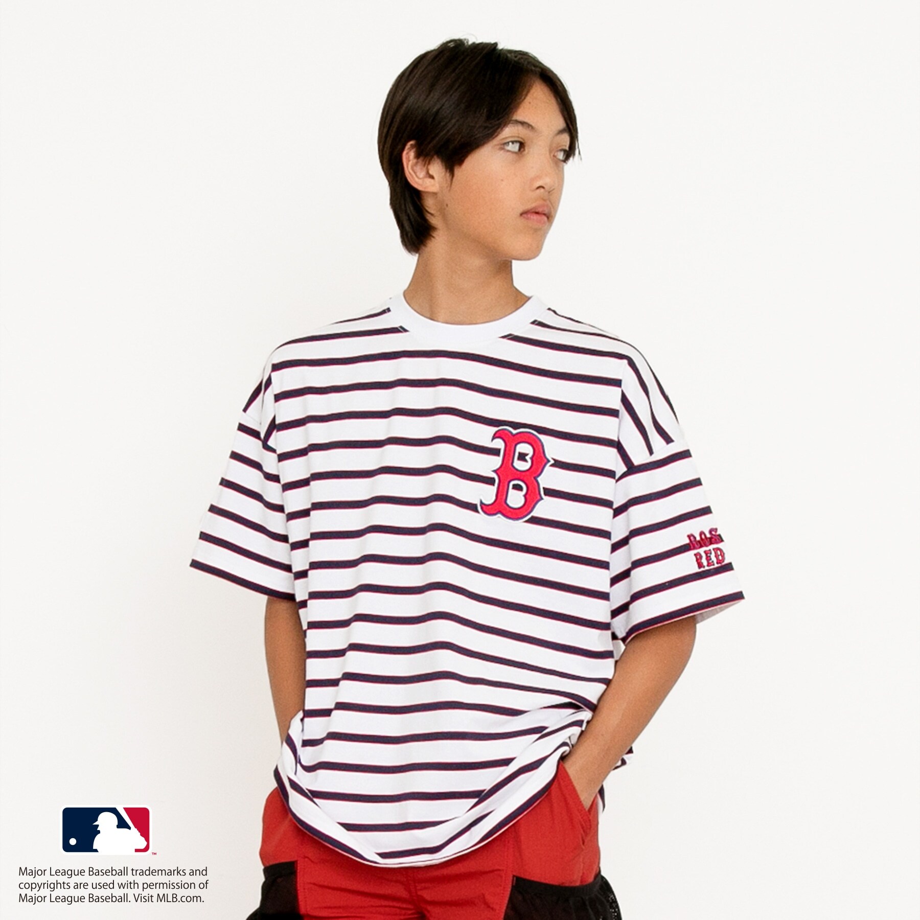 【大人向けサイズあり】【MLB】マルチボーダー・チームロゴ刺繍半袖Tシャツ