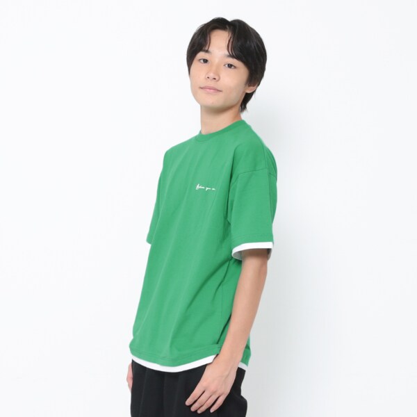 【大人向けサイズあり】【防汚加工】ワンポイントロゴ裾レイヤード半袖Tシャツ