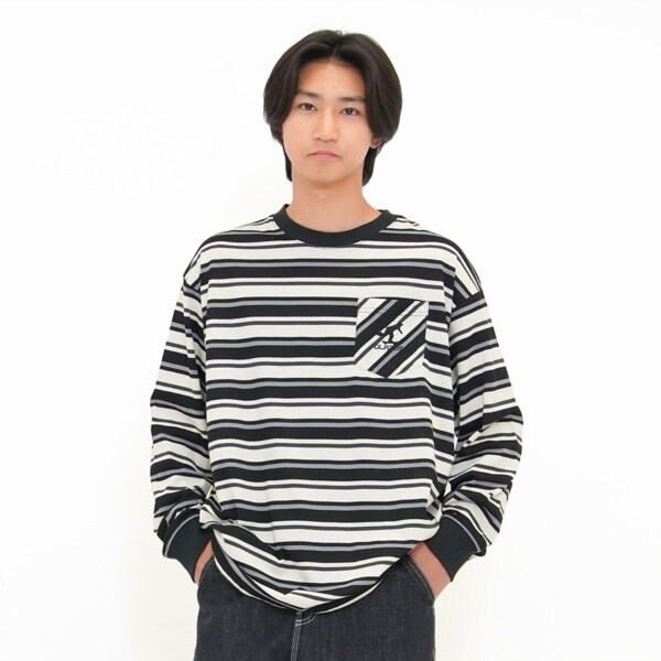 【大人向けサイズあり】ボーダー・ワンポイント刺繍ポケット付きビッグ長袖Tシャツ