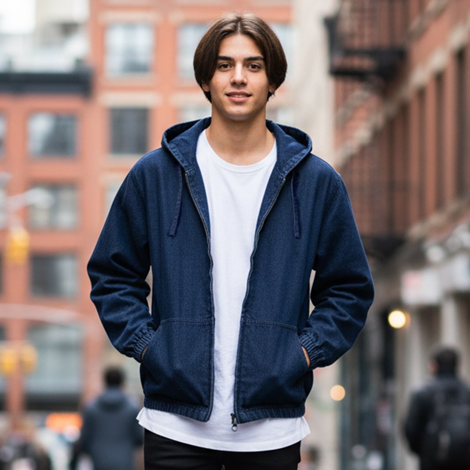 フードデニムジップアップジャケット