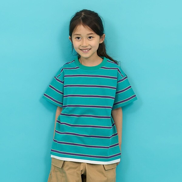 【SKIT0LY】ボーダー・ポイント刺繍レイヤード半袖Tシャツ