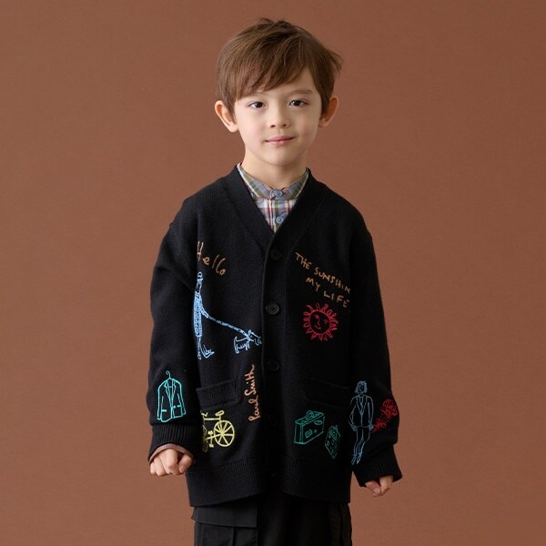 落書き柄刺しゅうニットカーディガン