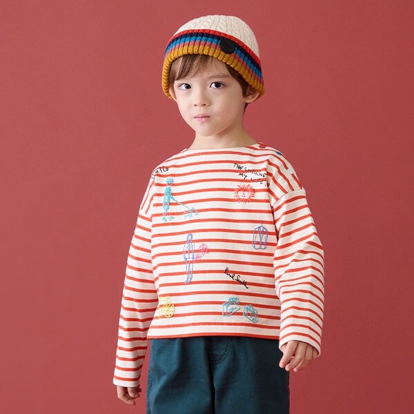 落書き柄ボーダー長袖Tシャツ