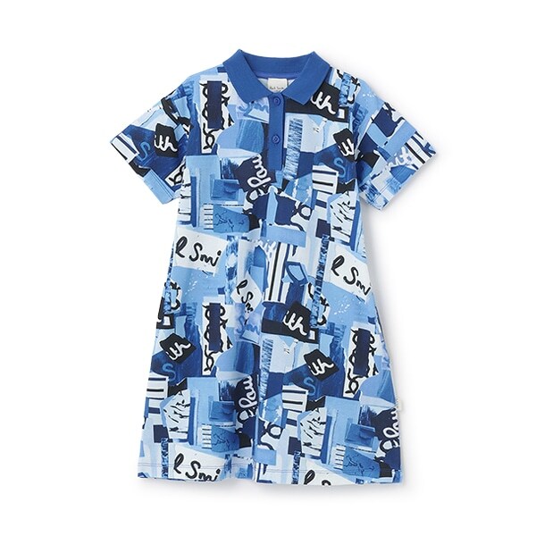 コラージュ柄半袖ポロワンピース