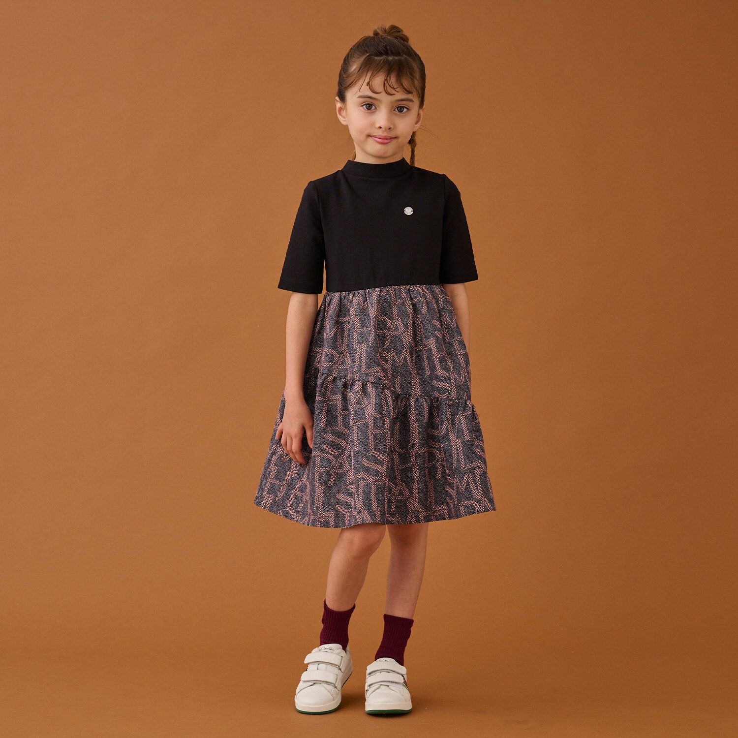 ハイネック5分袖ドッキングワンピース