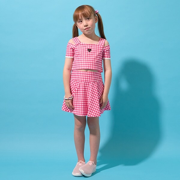 【UVカット/水着/SWIM】オフショル風トップス、フレアスカートパンツつき