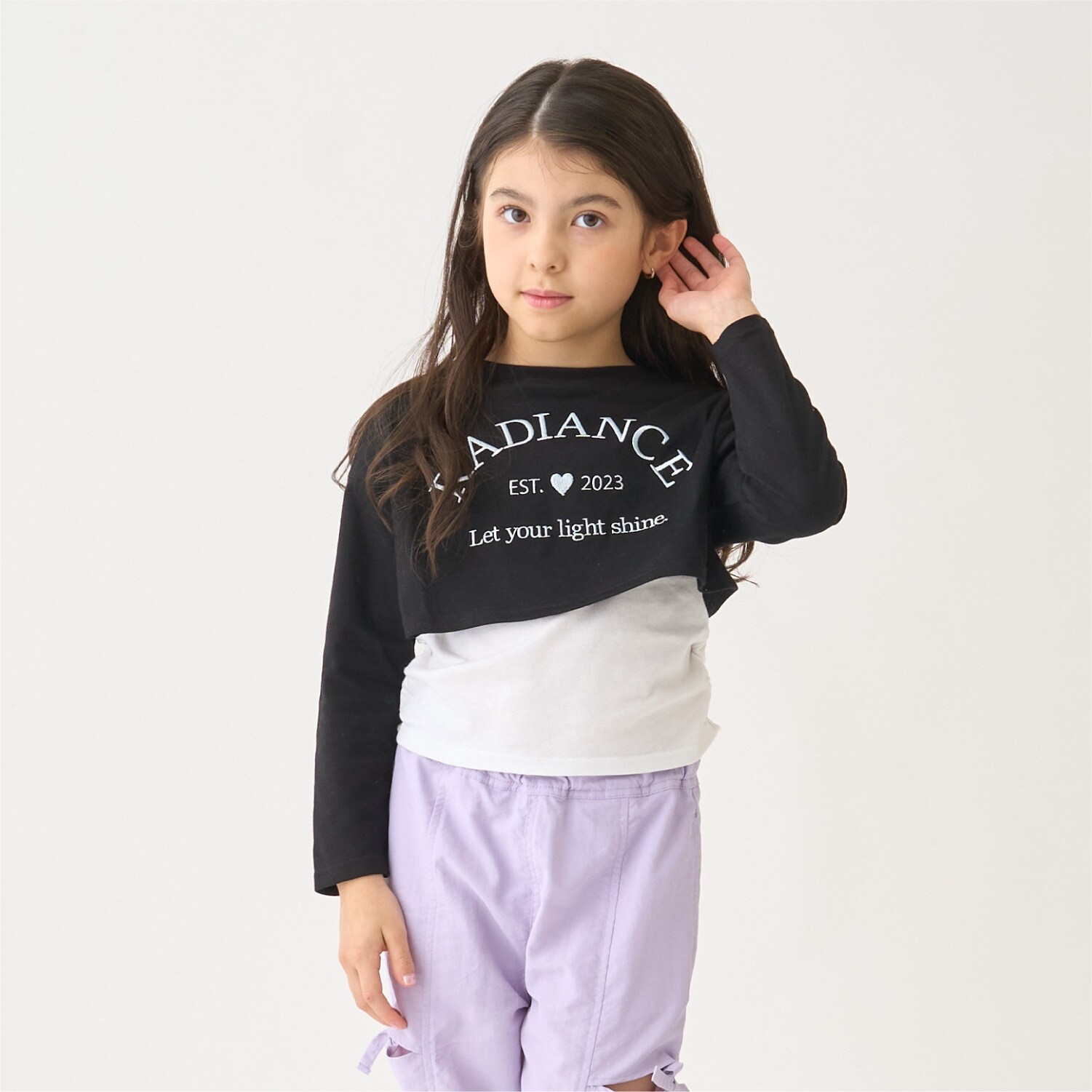 【綿100/防汚】レイヤード短丈長袖T