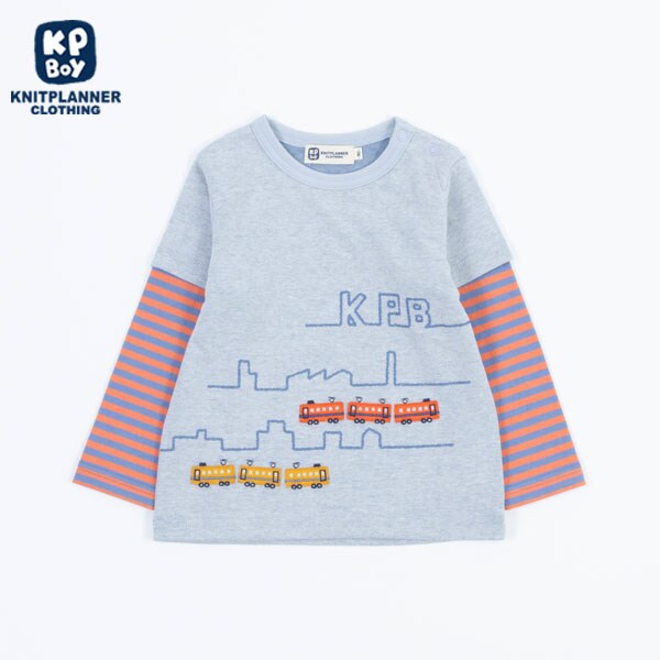 ボーダーレイヤード風電車柄長袖Tシャツ(80～90)