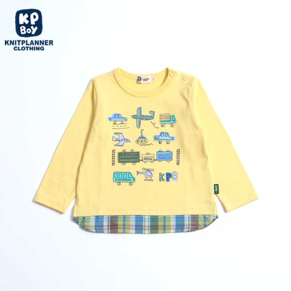 マドラスチェック裾切り替え乗り物長袖Tシャツ(80～90)