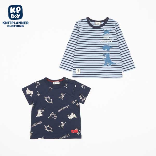 恐竜柄　半袖Tシャツとボーダー長袖Tシャツセット(80～90)