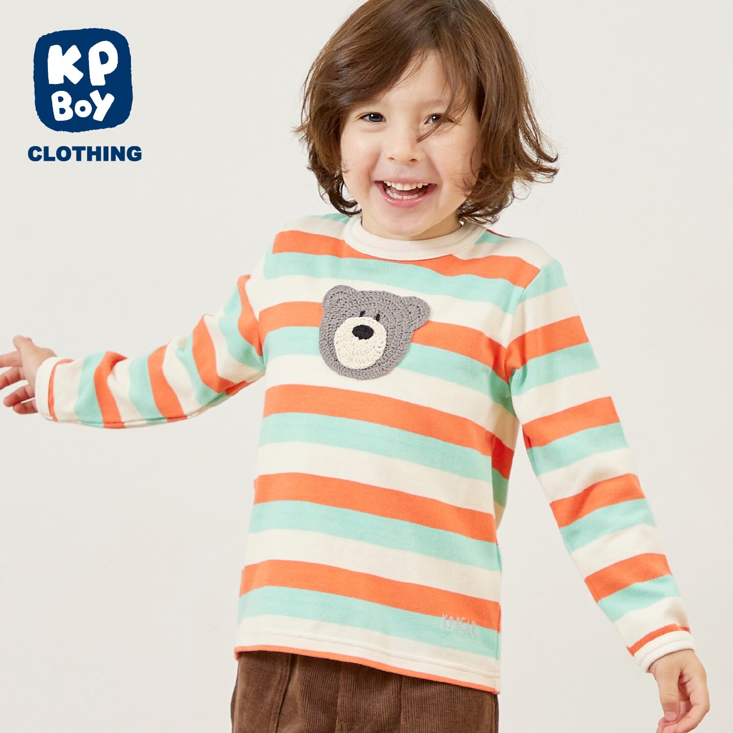 クマ編モチーフ マルチボーダー長袖Tシャツ