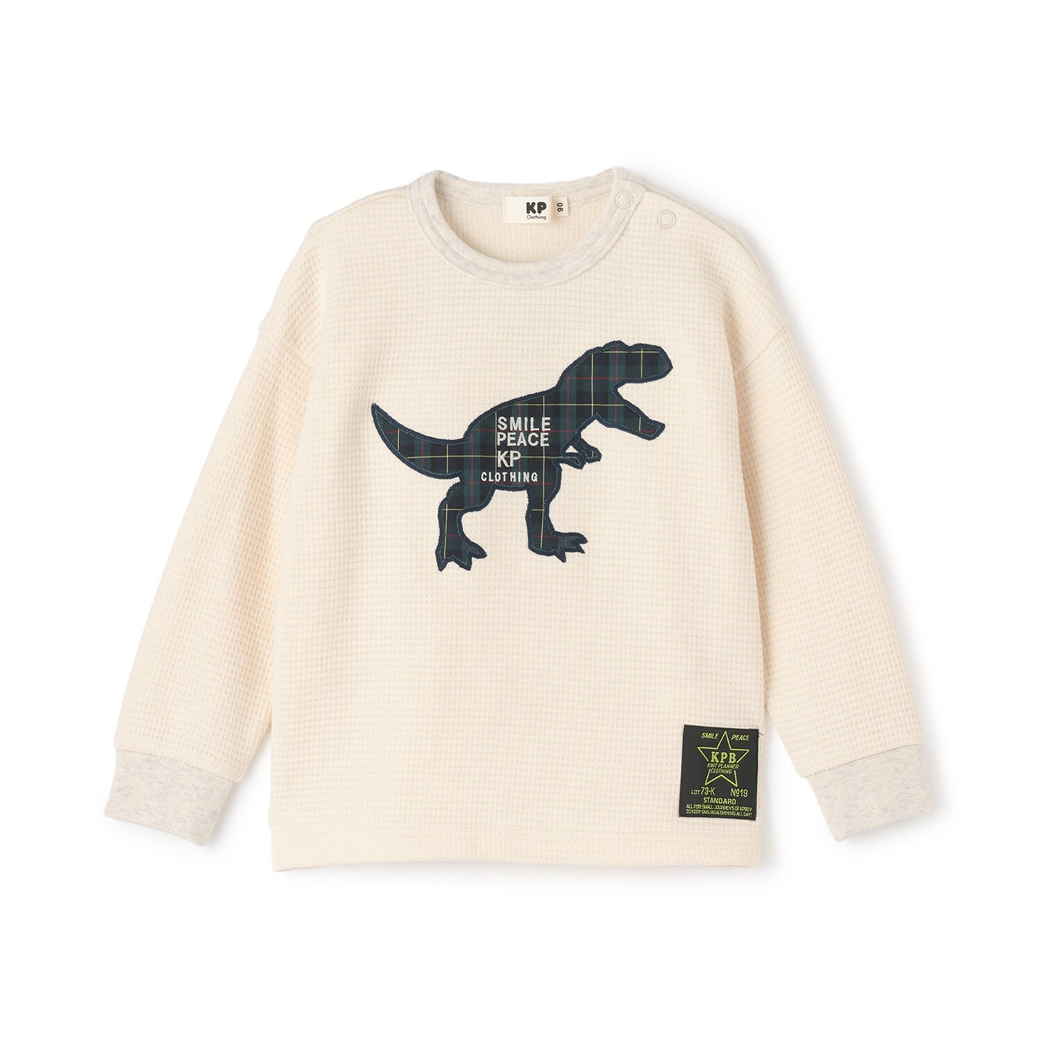 チェック恐竜アップリケ ワッフル長袖Tシャツ