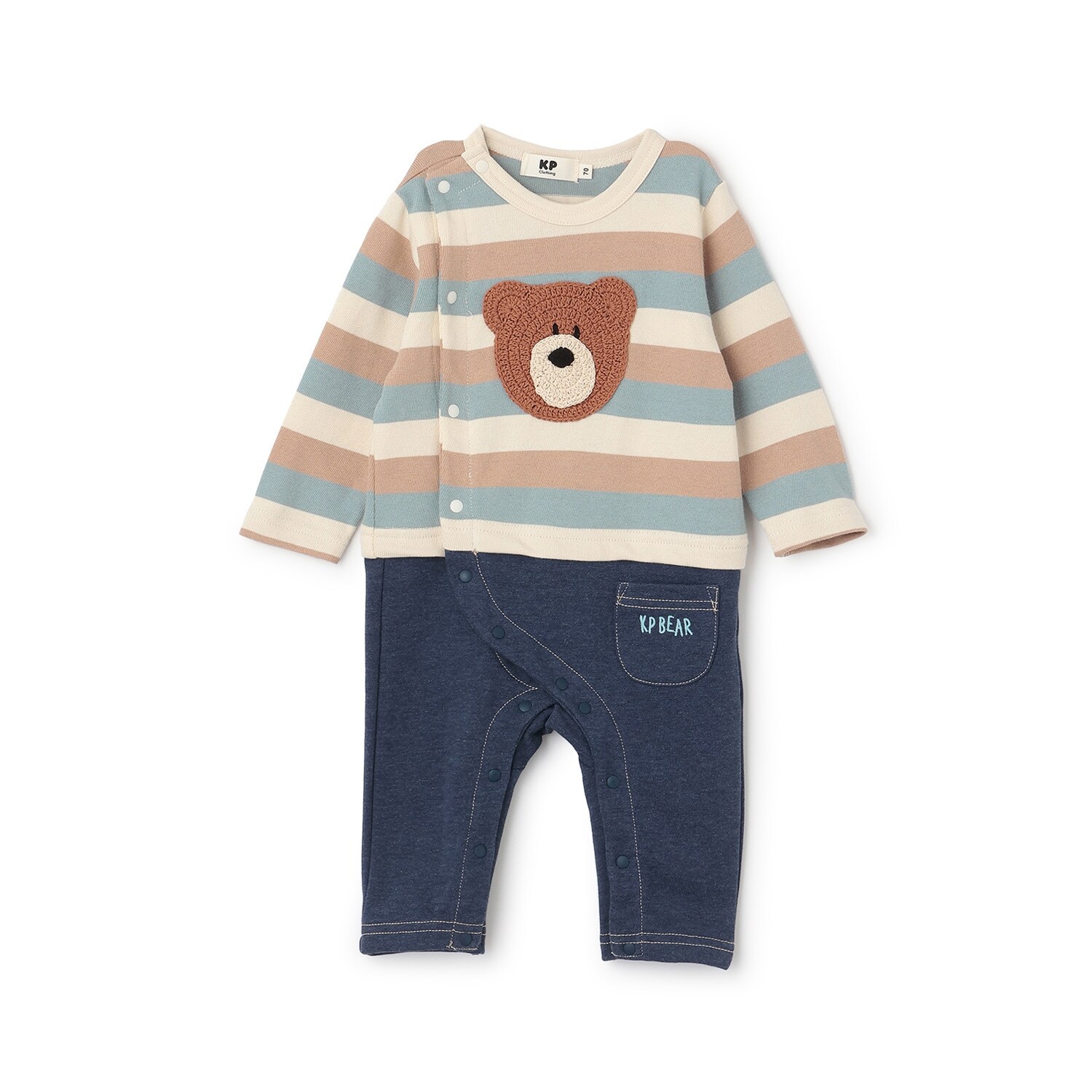 クマ編モチーフ マルチボーダー×杢裏毛 カバーオール