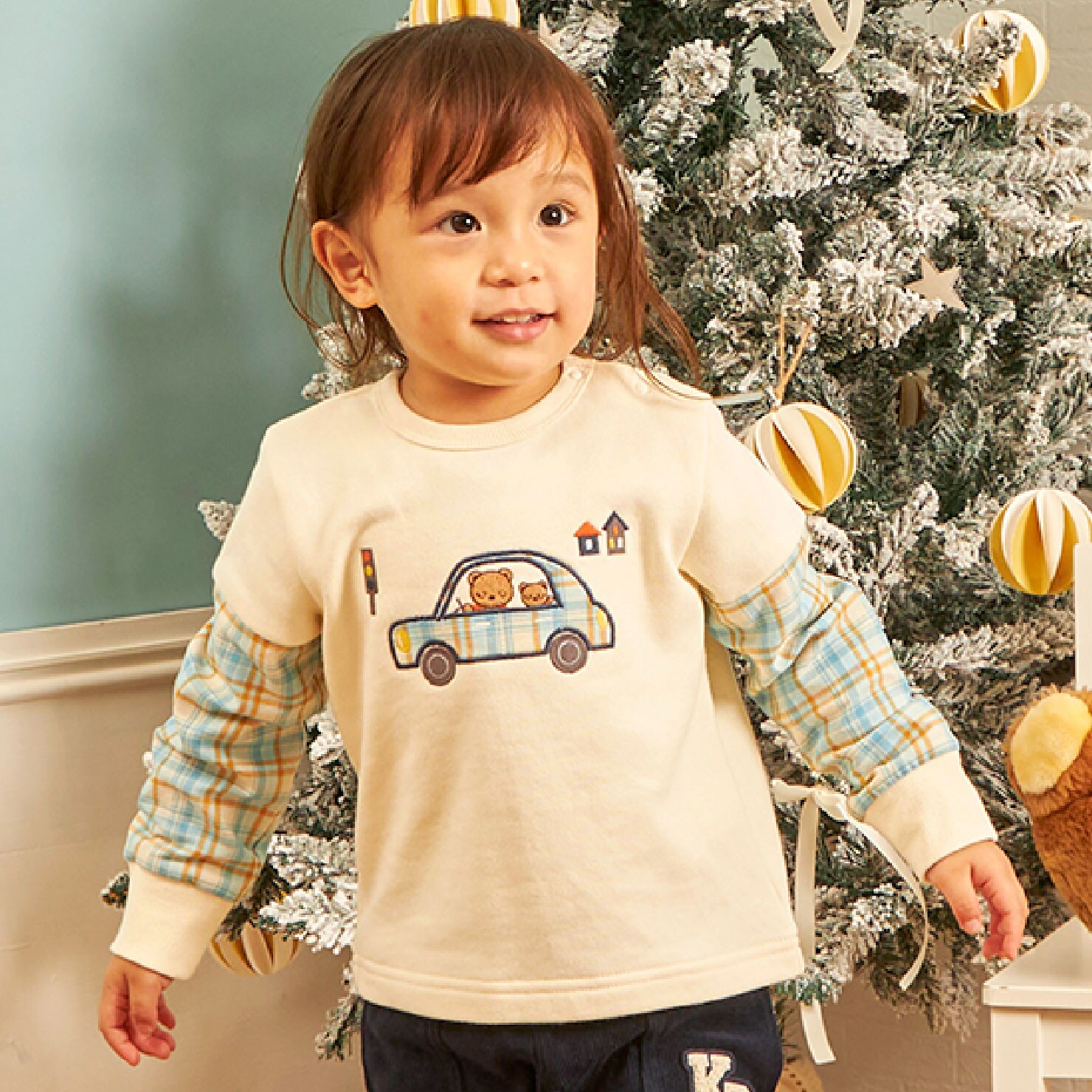 先染チェック車アップリケ 裏毛トレーナー