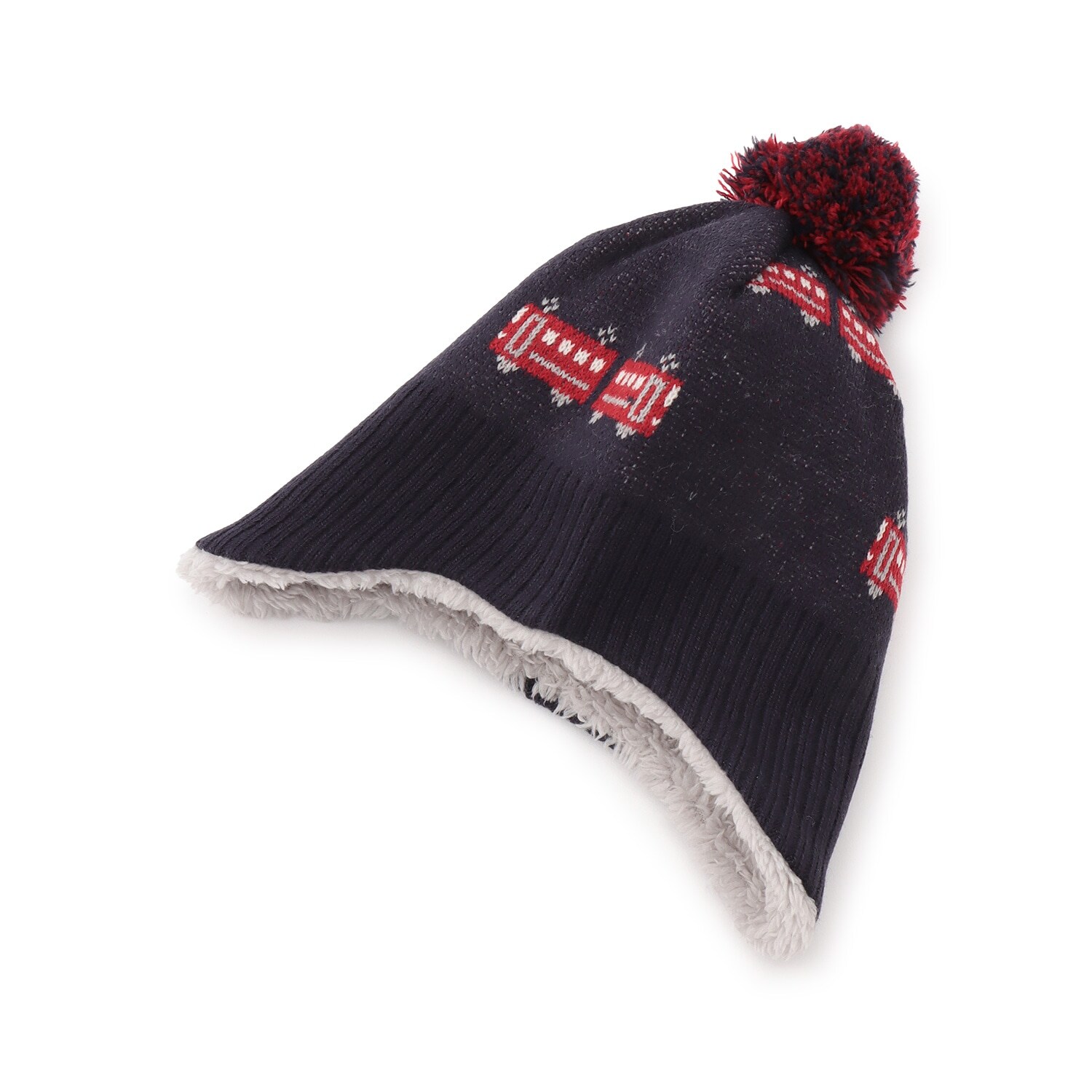 電車柄 耳当て付きニット帽