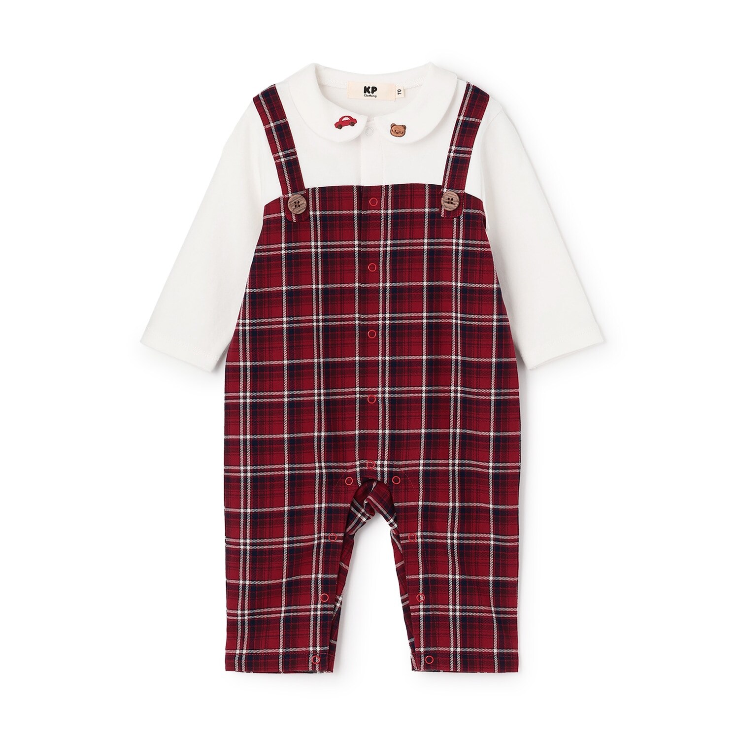 先染チェック レイヤード風カバーオール