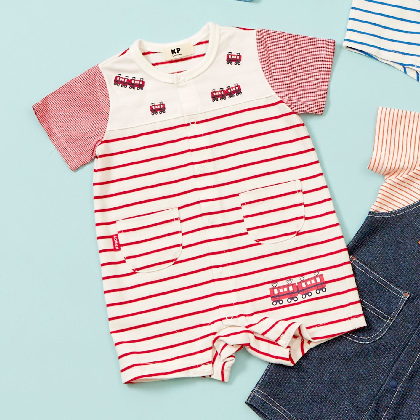 電車刺しゅう ボーダー柄 ショートオール