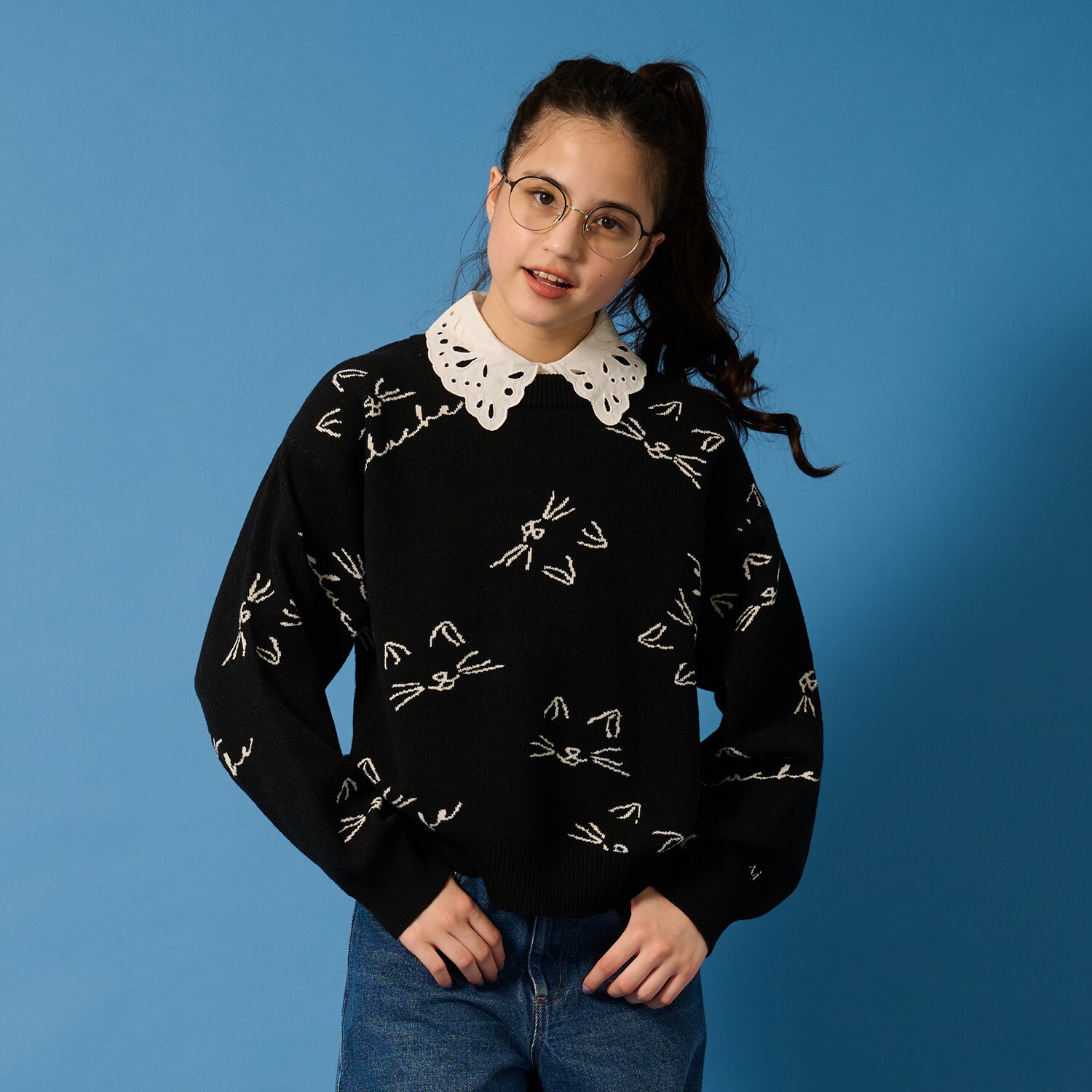 【AMI】猫総柄ジャカード衿つきニット