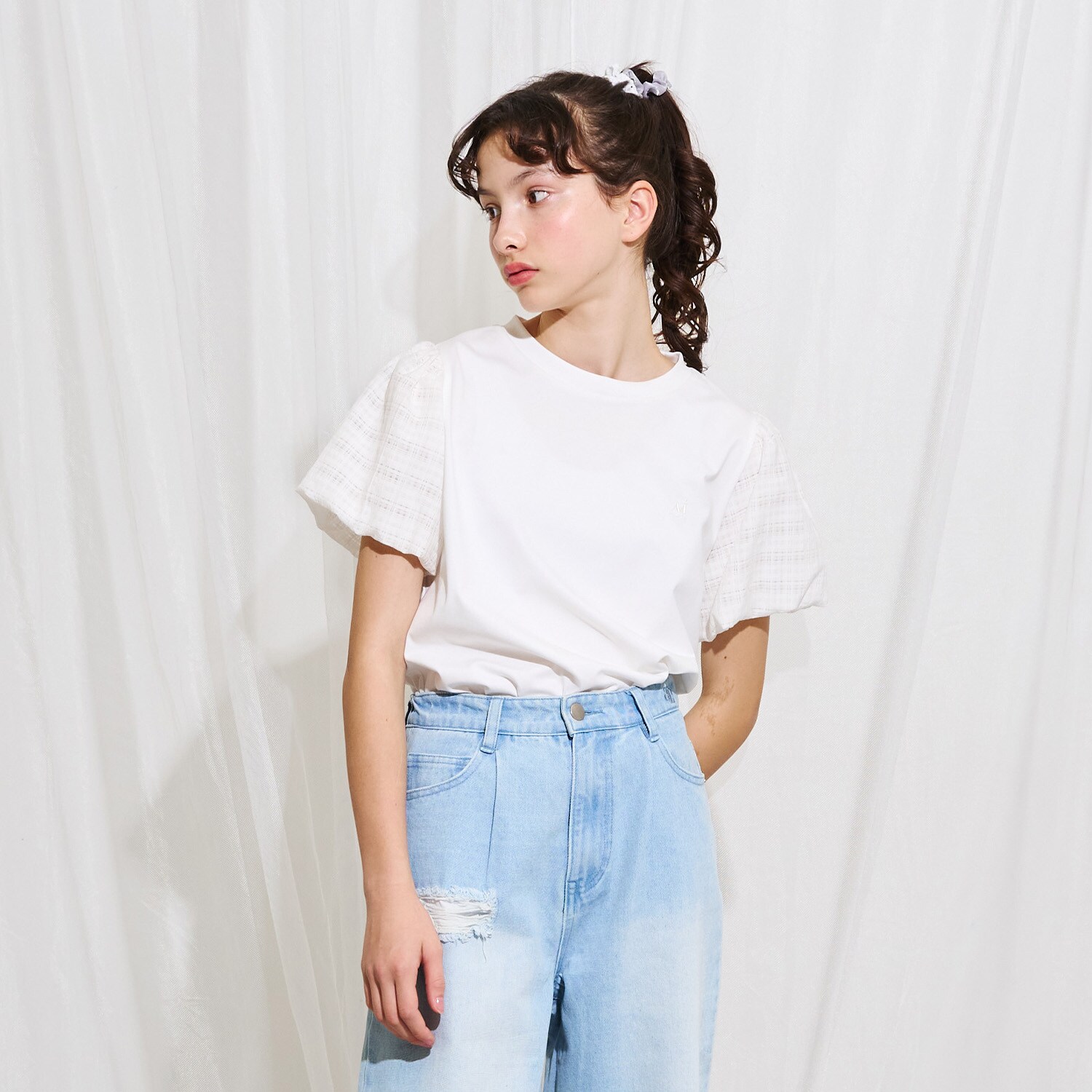 【AMI】接触冷感チェックバルーンスリーブTシャツ