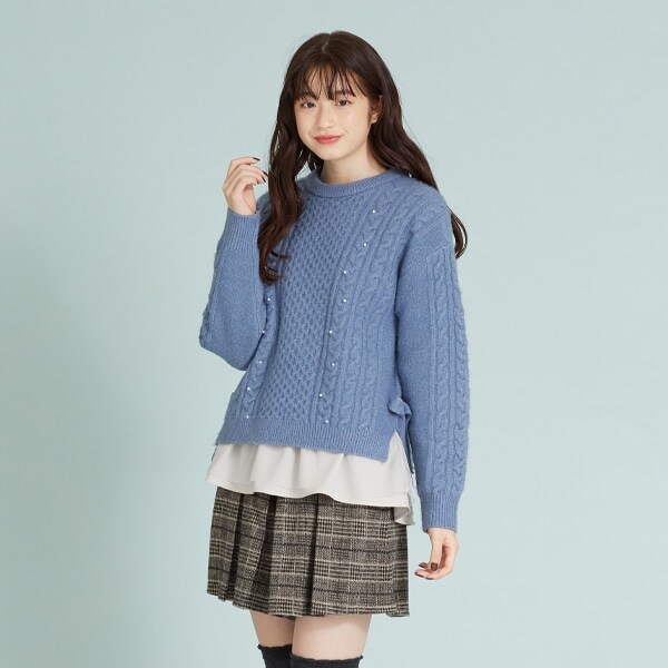 フェイクパールつきもっちリニット×裾チュールTシャツセット