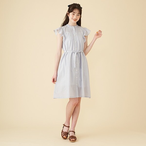 フリル袖Aラインシャツワンピース