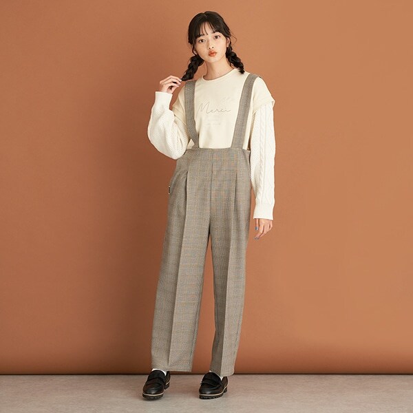 肩紐つきハイウエストワイドパンツ