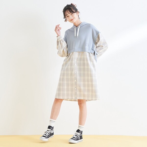 パーカレイヤード風シャツワンピース