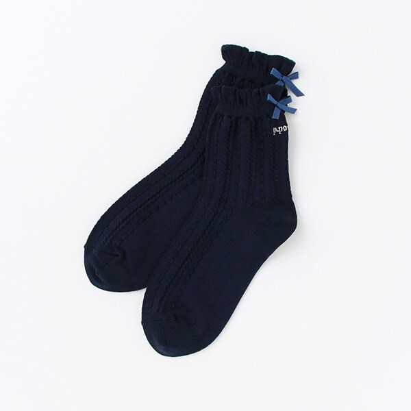 柄編み後ろリボンクルーソックス【日本製】