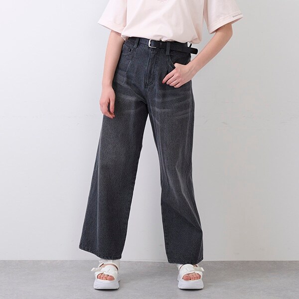 ベルト付きタックワイドパンツ