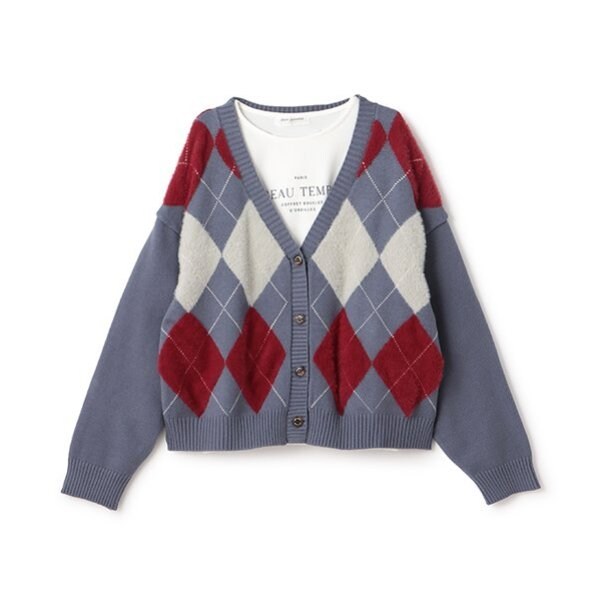 アーガイルシャギーカーディガンTシャツセット