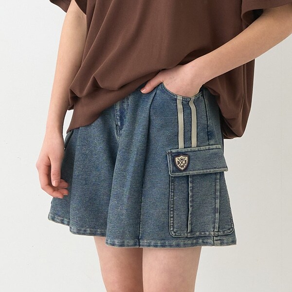 【のびのび】カットデニムカーゴショートパンツ