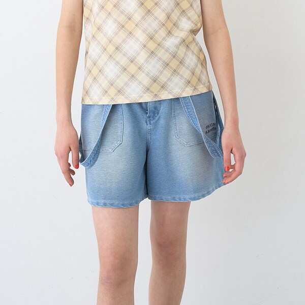 【のびのび】サスペンダー風カットデニムショーパン