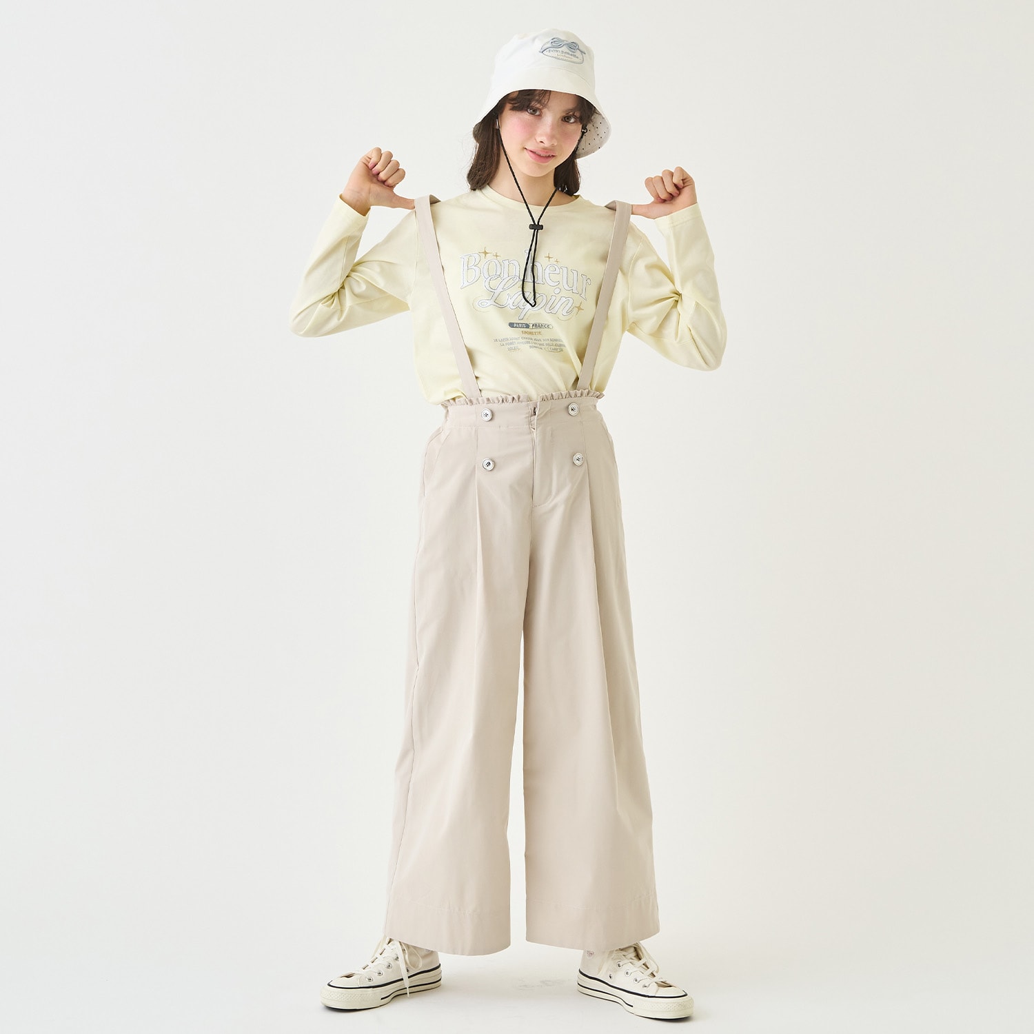 サスペンダーつき釦ワイドパンツ