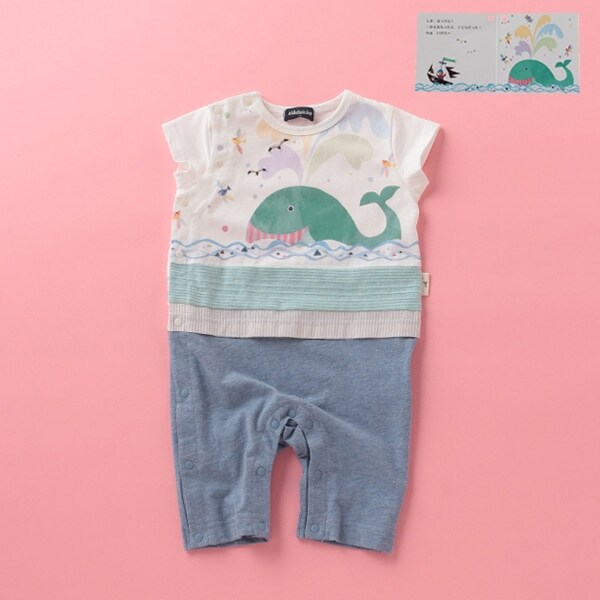 【コロボックルコラボ】 上下ドッキングクジラプリントカバーオール