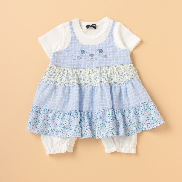 ネコ顔ワンピース風半袖カバーオール