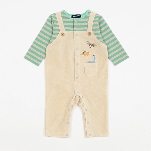 恐竜ボーダーレイヤード風長袖カバーオール