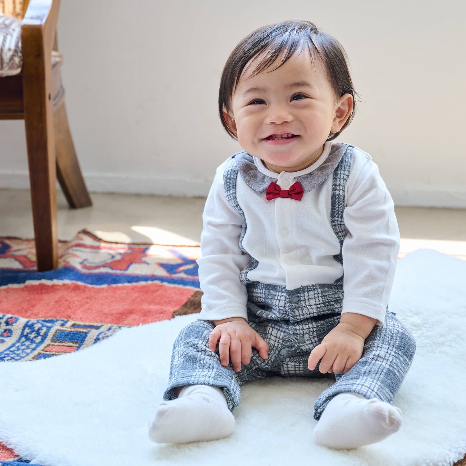 チェックサスペンダー風カバーオール