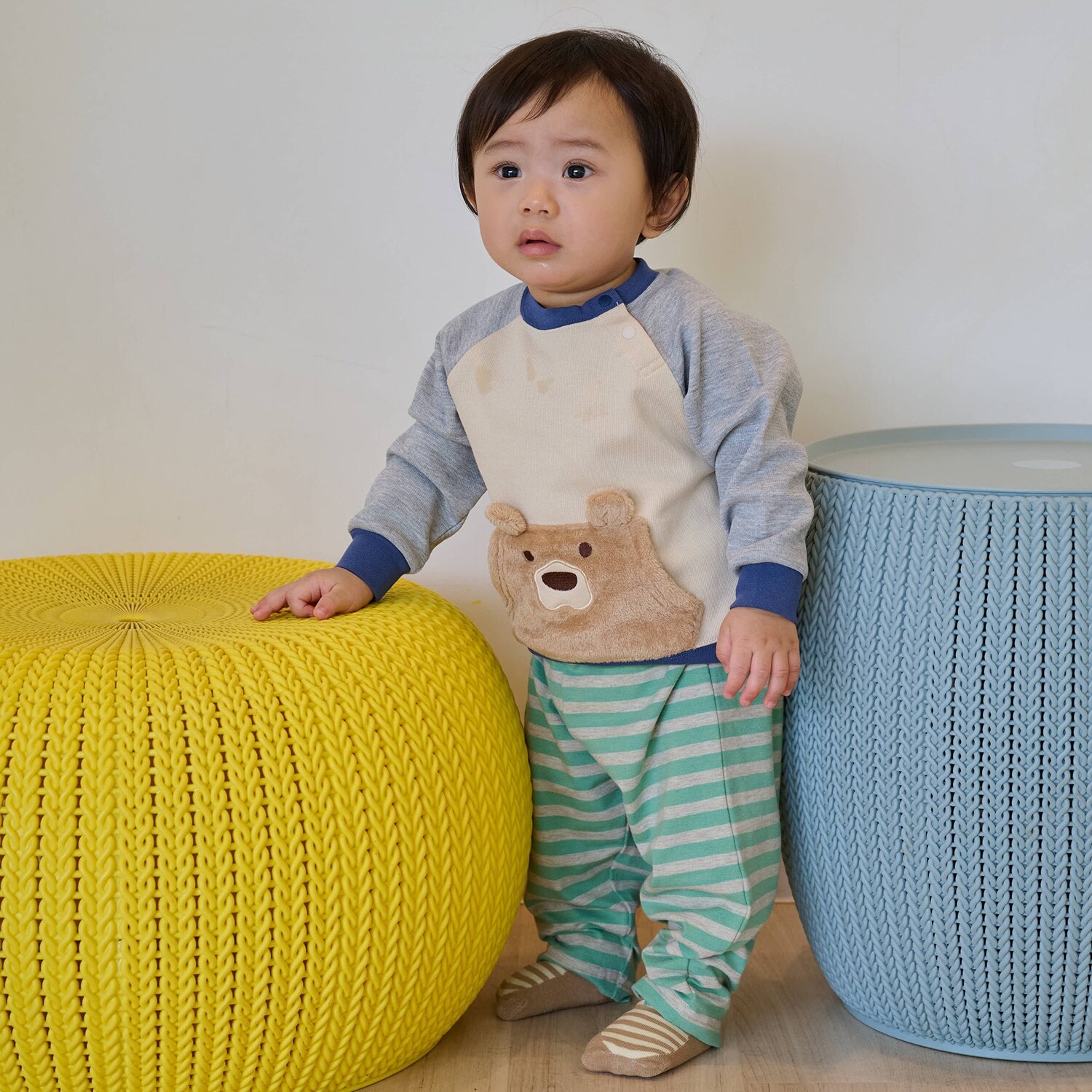 クマ長袖Tシャツ×ボーダーパンツセット