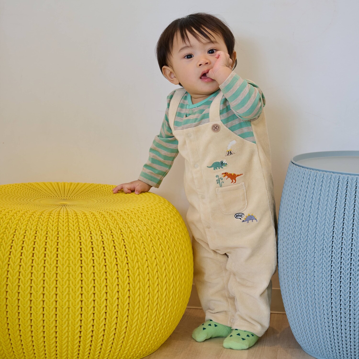 恐竜ボーダーレイヤード風カバーオール