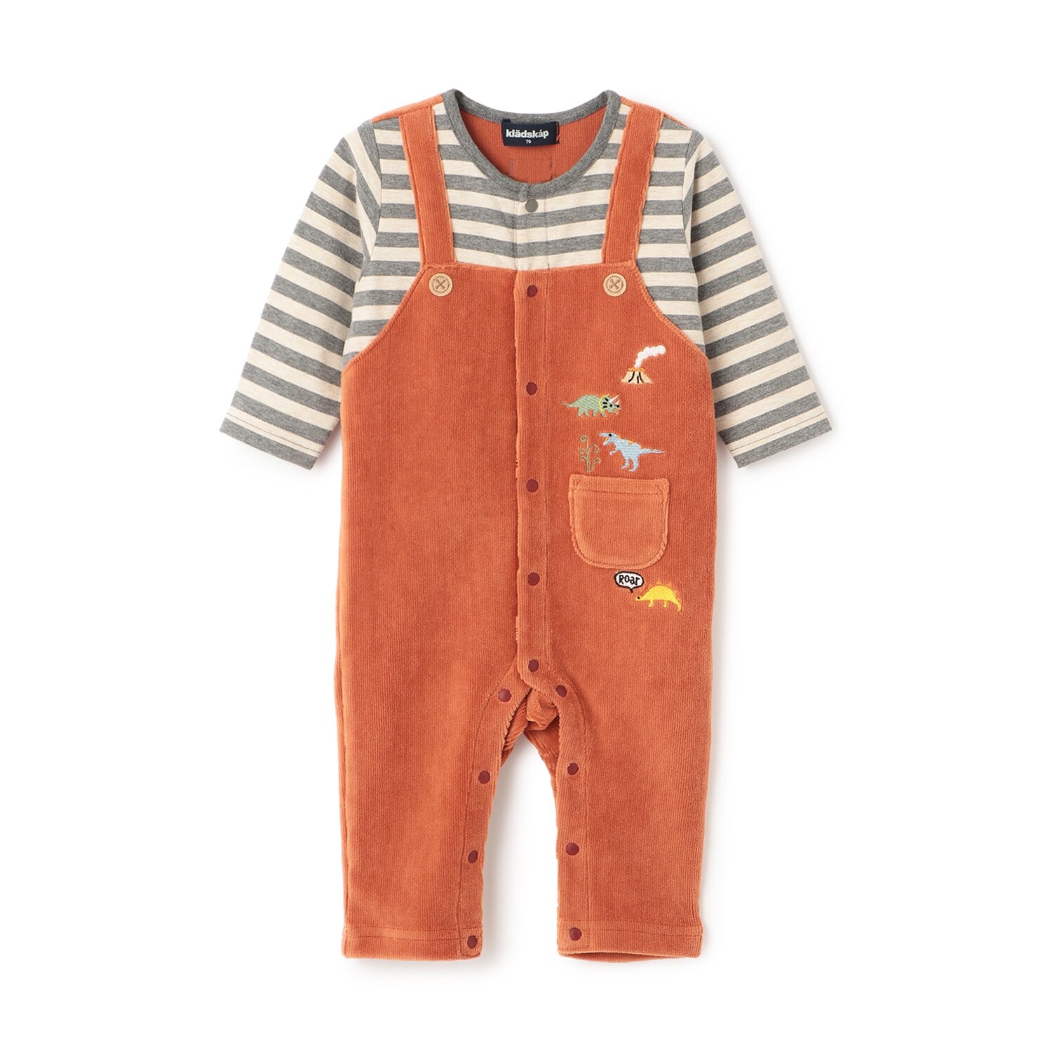 恐竜ボーダーレイヤード風カバーオール