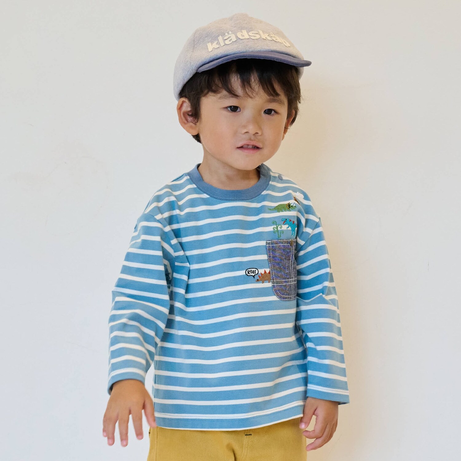 恐竜胸ポケットボーダー長袖Tシャツ