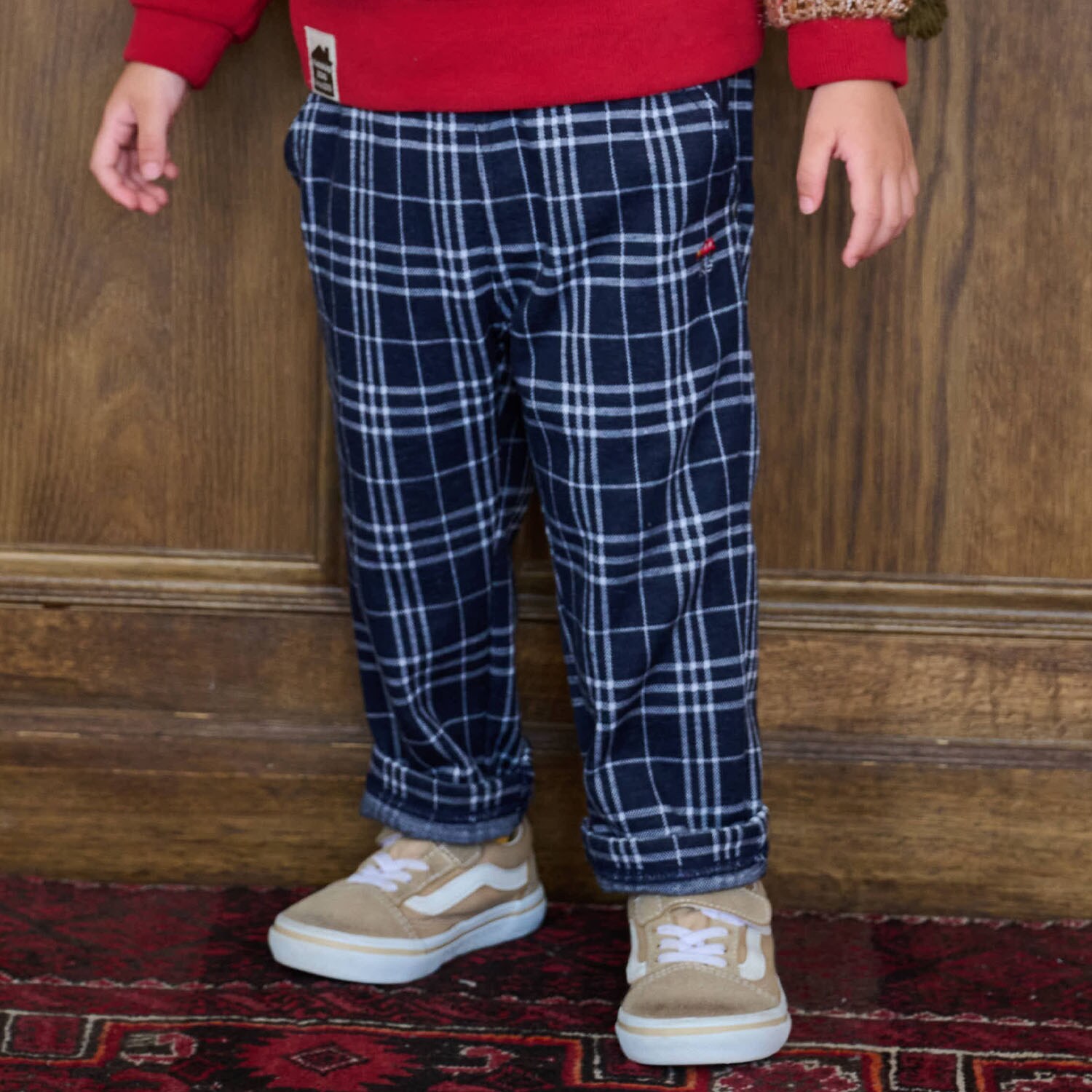 車ワンポイントチェックロング丈ストレートパンツ