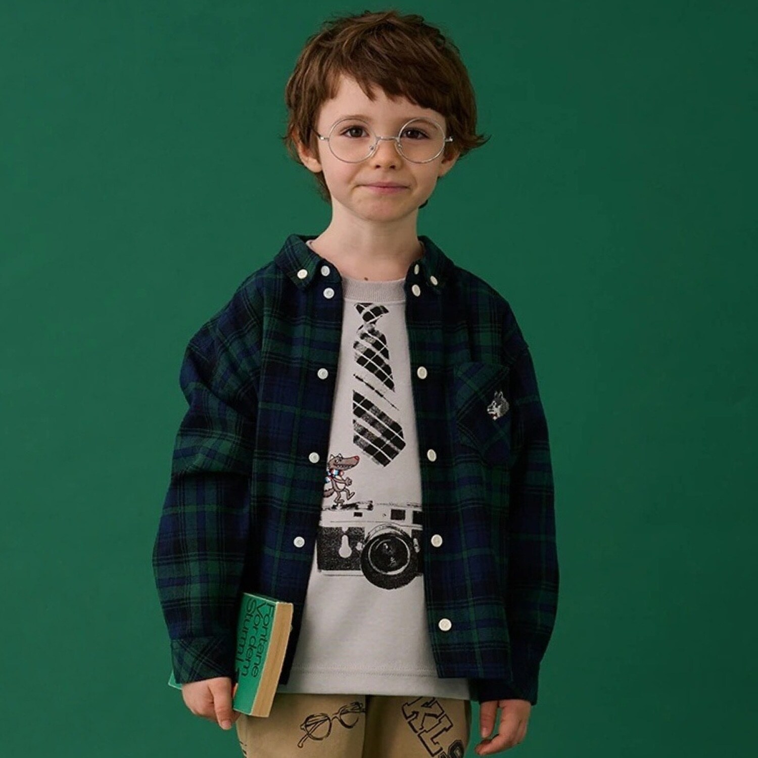 オオカミ刺しゅうチェック長袖シャツ