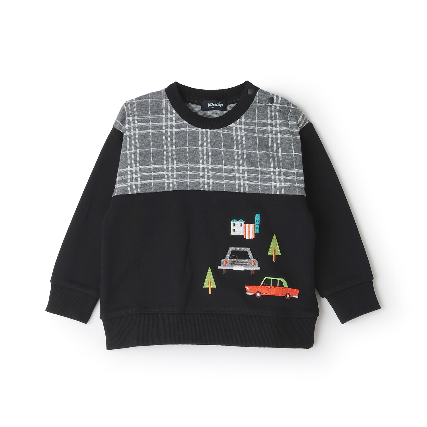 車刺しゅうチェック切替トレーナー